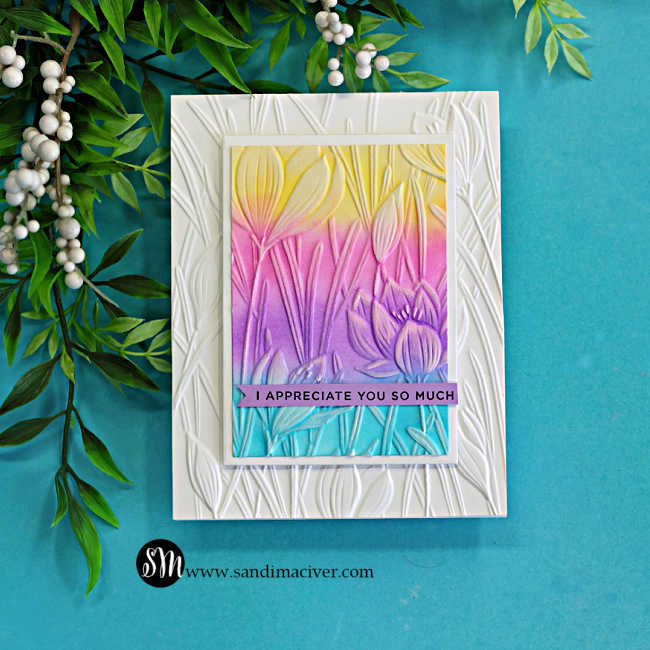 Handmade card with embossing folder background, die cut frame, and ink blended panel in rainbow colors, finished with white ink highlighting and an “I appreciate you so much” sentiment
