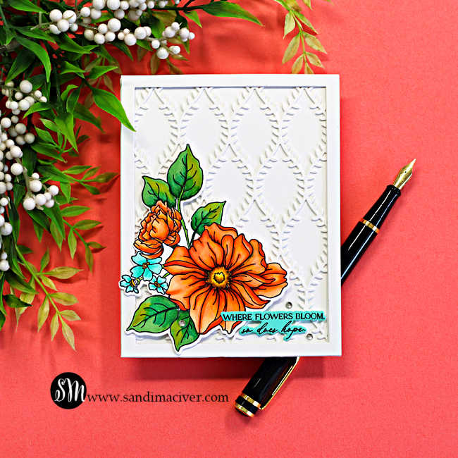 Handmade floral card featuring a framed white lattice background created with the Simon Says Stamp Willowweave Plate and colorful Copic-colored flowers from the Blooms of Encouragement stamp set. The dimensional card design includes bright orange florals, layered die cuts, a clean white frame, and a soft coral crafting backdrop