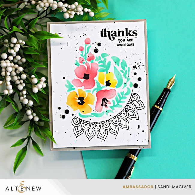 Modern floral thank you card featuring soft ink-blended pink and yellow flowers with mint green leaves created with the Altenew Dynamic Duo Crescent Flowers Stamp and Stencil Set. The clean and simple handmade card includes black splatter details, decorative outline arch stamping, bold black sentiment lettering, and a fresh modern color palette.