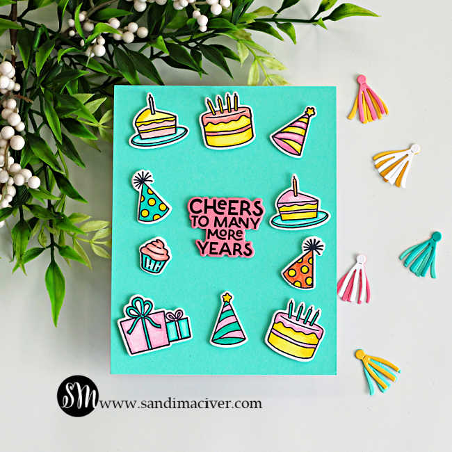 Simple die cut birthday card idea featuring Hero Arts My Monthly Hero Yah Day kit, with colorful cakes, party hats, and gifts arranged on a teal background and a “Cheers to Many More Years” sentiment in the center.