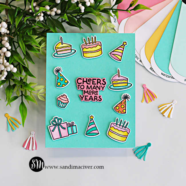 Simple die cut birthday card idea featuring Hero Arts My Monthly Hero Yah Day kit, with colorful cakes, party hats, and gift images arranged around a “Cheers to Many More Years” sentiment on a teal background.