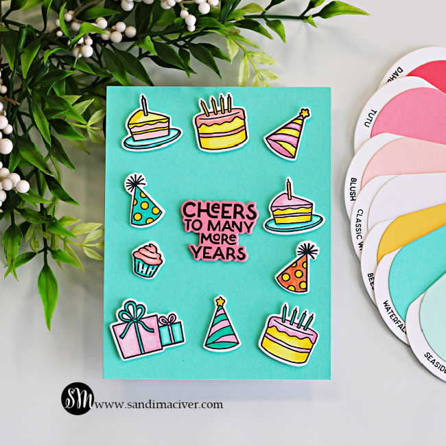 Simple die cut birthday card idea with Hero Arts My Monthly Hero Yah Day images, featuring brightly colored cakes, party hats, and gifts arranged around a “Cheers to Many More Years” sentiment on a teal background with coordinating cardstock swatches.