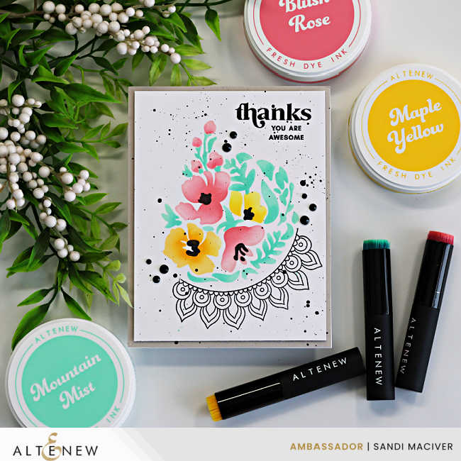 Clean and simple floral thank you card featuring soft ink-blended pink and yellow flowers with mint green foliage created with the Altenew Dynamic Duo Crescent Flowers stamp and stencil set. The modern card design includes black splatter accents, bold black sentiment stamping, decorative outline details, and coordinating Altenew ink colors.