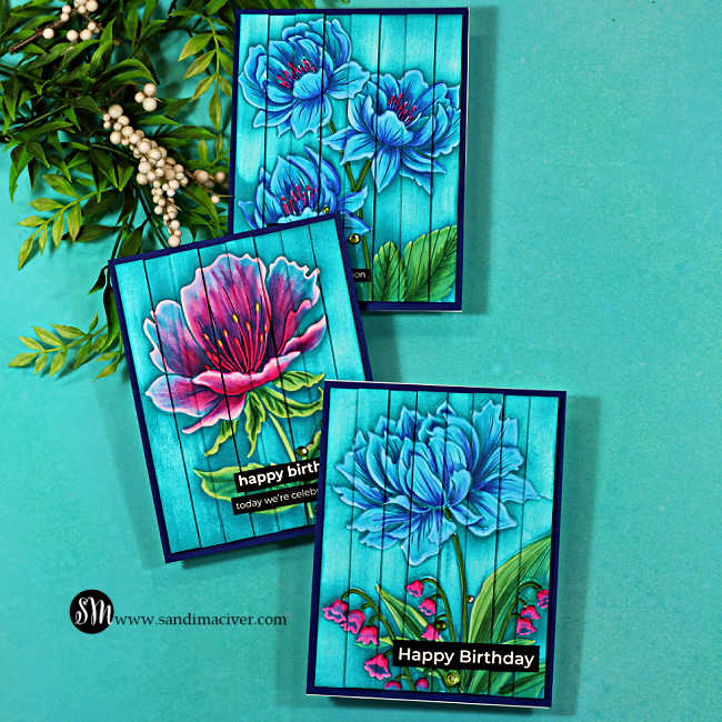 Three handmade floral cards featuring the Colored Embossed Double Vision Technique. Each card showcases a different embossing folder—Peony & Bells, Peony Trio, and Curvy Blossom—colored with vibrant blue, teal, pink, and green Copic markers over aqua ink-dragged backgrounds. The cards are arranged in a staggered display with leafy greenery in the upper left, highlighting the versatility of the technique.