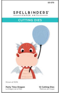 Spellbinders Party Time Dragon cutting die packaging featuring a cute orange dragon holding a blue balloon with coordinating die pieces included in the set.