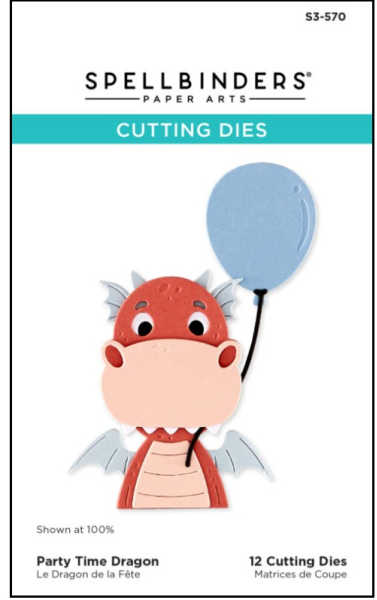 Spellbinders Party Time Dragon cutting die packaging featuring a cute orange dragon holding a blue balloon with coordinating die pieces included in the set.