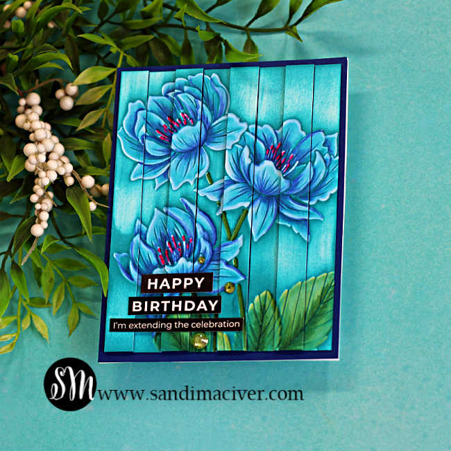 Handmade birthday card featuring the Colored Embossed Double Vision Technique using the Peony & Bells embossing folder. The embossed blue peonies are colored with Copic markers and layered over a weathered aqua barnwood background. Alternating raised strips create the dimensional Double Vision effect, while a stacked black birthday sentiment and green gems add the finishing touches.