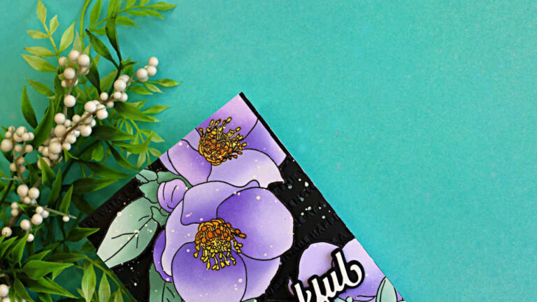 Close-up of a handmade floral thank you card featuring large lavender flowers with golden centers and soft mint green leaves from the Altenew Lenten Grace Stamp and Stencil Set. The florals are layered over a glossy black embossed background with a bold white "thankful" sentiment, photographed on a turquoise backdrop with greenery accents.