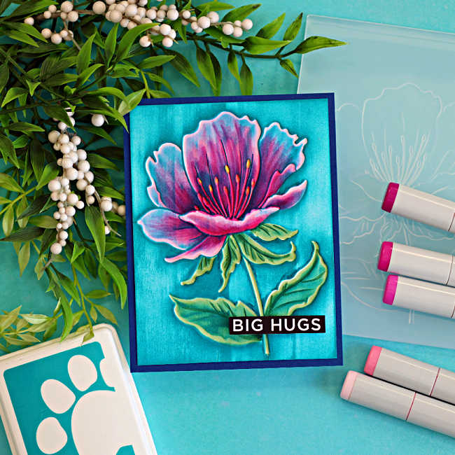 Handmade floral card featuring the Simon Says Stamp Curvy Blossom 3D Embossing Folder. The flower is colored with Copic markers on the debossed side, then highlighted by dragging Ocean ink over the embossed surface. Finished with a "Big Hugs" sentiment on a blue card base.