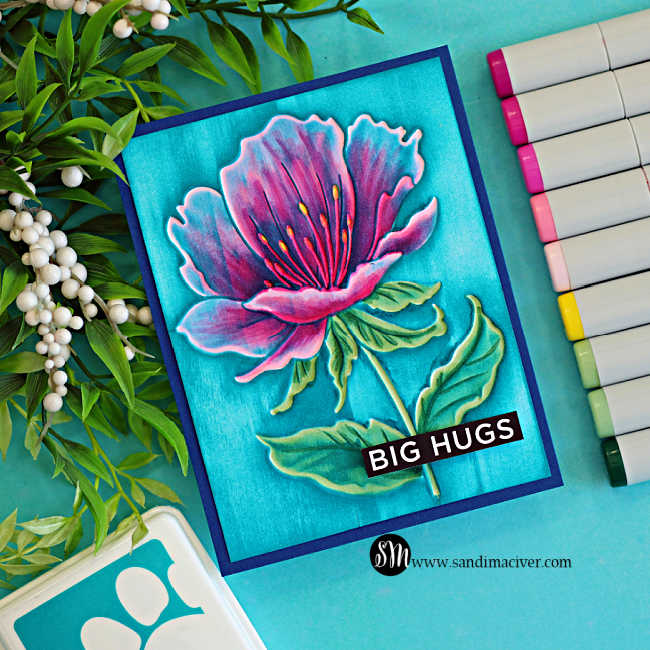 Handmade floral card featuring the Simon Says Stamp Curvy Blossom Embossing Folder. The embossed flower is colored with Copic markers on the debossed side, then highlighted by dragging blue ink over the raised surface to reveal the embossed details. Finished with a "Big Hugs" sentiment on a turquoise background.