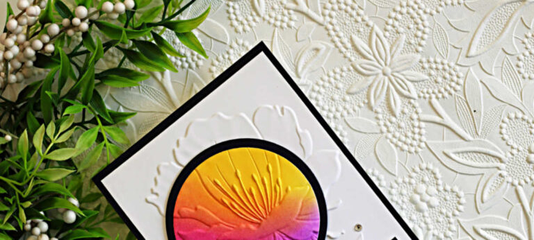 lose-up of a handmade spotlight technique birthday card featuring the Simon Says Stamp Curvy Blossom 3D Embossing Folder. A circular ink-blended spotlight in yellow, orange, pink, and purple highlights the embossed flower against a white embossed background with a black card base.