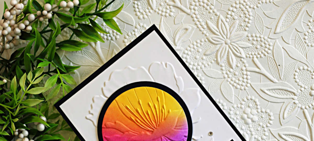 lose-up of a handmade spotlight technique birthday card featuring the Simon Says Stamp Curvy Blossom 3D Embossing Folder. A circular ink-blended spotlight in yellow, orange, pink, and purple highlights the embossed flower against a white embossed background with a black card base.