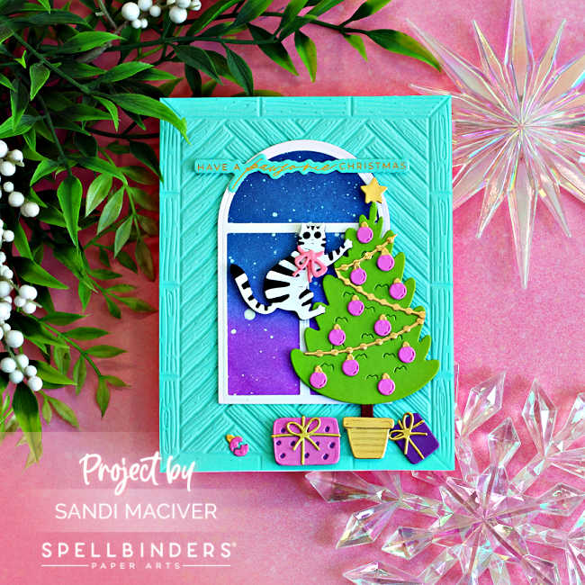 Handmade Christmas card featuring a playful black and white cat climbing a decorated Christmas tree in front of an arched window with a starry ink-blended night sky. The aqua embossed herringbone background is accented with wrapped gifts, a broken ornament, and a gold-foiled "Have a Purrfect Christmas" sentiment.