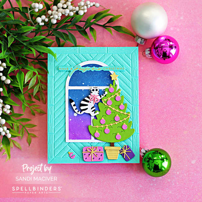 Handmade Christmas card featuring a playful black and white cat climbing a decorated Christmas tree in front of an arched window with a starry ink-blended night sky. The aqua embossed herringbone background is accented with wrapped gifts, a broken ornament, and a gold-foiled "Have a Purrfect Christmas" sentiment.