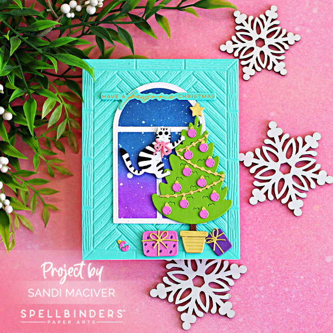 Handmade Christmas card featuring a playful black and white cat climbing a decorated Christmas tree in front of an arched window with a starry night sky. The card has an aqua embossed herringbone background, colorful wrapped gifts, and a "Have a Purrfect Christmas" sentiment, surrounded by festive snowflake decorations.