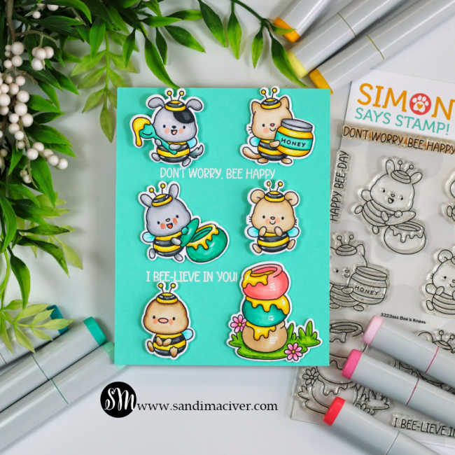Seafoam teal interactive spinner card featuring Copic-colored bee critters, stacked honey pots, white embossed sentiments, the Bee’s Knees stamp set, and coordinating Copic Markers.
