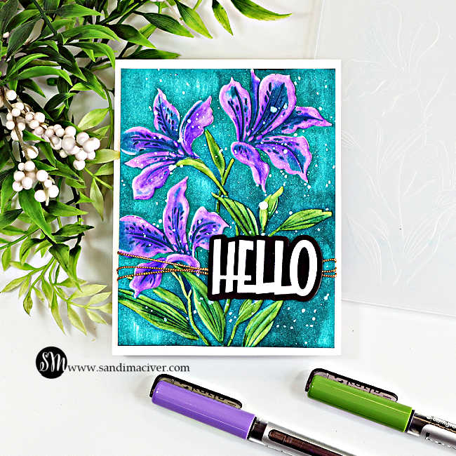 Handmade Alstroemeria floral card watercolored with Karin Markers in vibrant purple and green on a teal background, finished with white splatter and a bold HELLO sentiment.