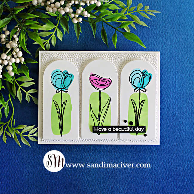 andmade triptych card featuring three white nesting arch panels with stamped and stenciled Long Stem Floral flowers in aqua, pink and green, layered over a textured white Dibble Tile embossed background