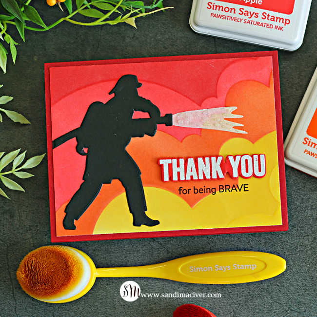 Brave Firefighter thank you card featuring a black firefighter silhouette spraying sparkling water over a red, orange and yellow ink-blended background.