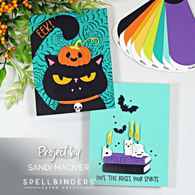wo handmade Halloween cards featuring a cranky black cat with a pumpkin hat and Spellbinders Boo Crew Lab ghosts, candles, books and bats in teal, purple, orange and black.