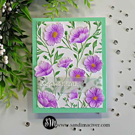 Soft and pretty Morning Glory card featuring dimensional purple flowers, green foliage, a mint green card base, and a white heat-embossed “Best Friends Forever” sentiment on vellum.