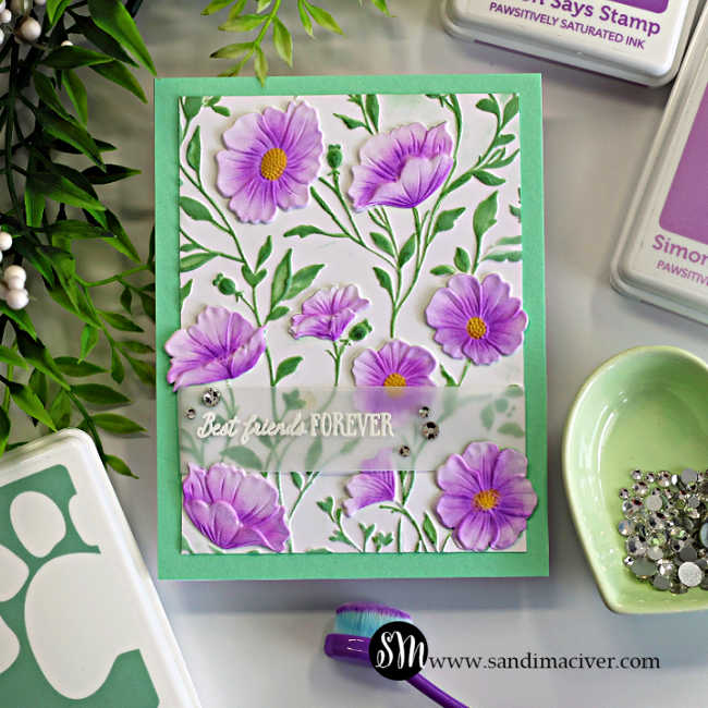 Soft and pretty Morning Glory card featuring dimensional purple flowers, green foliage, a mint green card base, and a white heat-embossed “Best Friends Forever” sentiment on vellum.