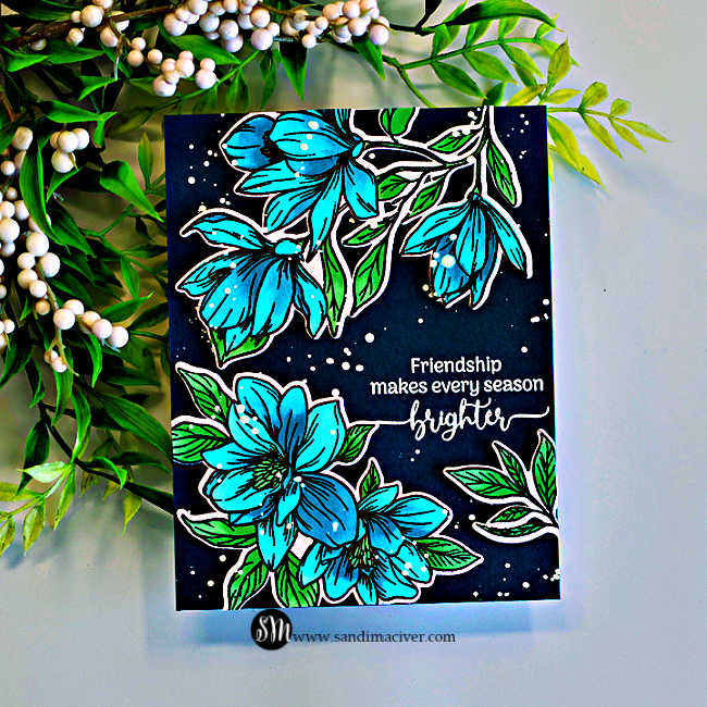 Handmade floral friendship card featuring bright turquoise flowers and green leaves on a deep teal background, created with the Gina K Designs Life’s Best Moments STAMPtember collaboration set.