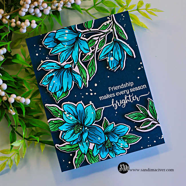 Handmade floral friendship card featuring bright turquoise flowers and green leaves on a deep teal background, created with the Gina K Designs Life’s Best Moments STAMPtember collaboration set.