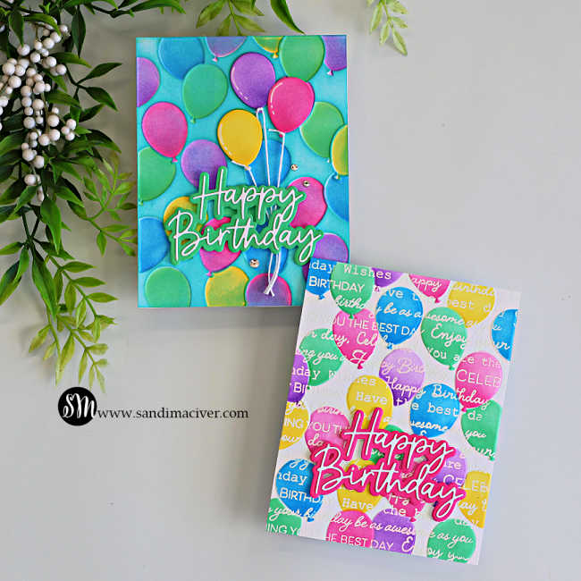 Two colorful handmade birthday cards featuring the Simon Says Stamp Party Balloons Embossing Folder, coordinating stencils, and layered Happy Birthday sentiments.