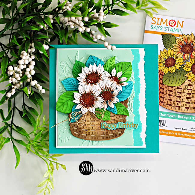 Handmade Simon Says Stamp STAMPtember® card featuring white sunflowers with brown centers, bright green and teal leaves arranged in a dimensional woven basket, with a mint embossed background, torn-edge layers and a Happy Birthday sentiment.