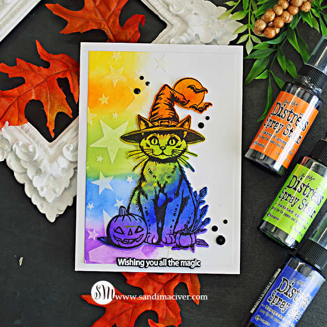 Halloween card featuring a witch cat and pumpkins on a rainbow Distress Spray background with white stars, black embellishments, and a “Wishing you all the magic” sentiment.