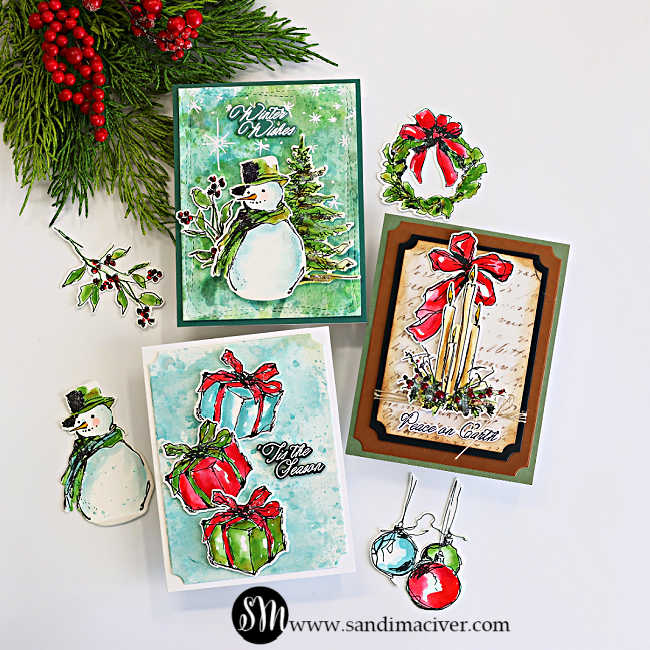 Three messy watercolor Christmas cards featuring a snowman, colorful presents, and holiday candles with festive greenery and ornaments.