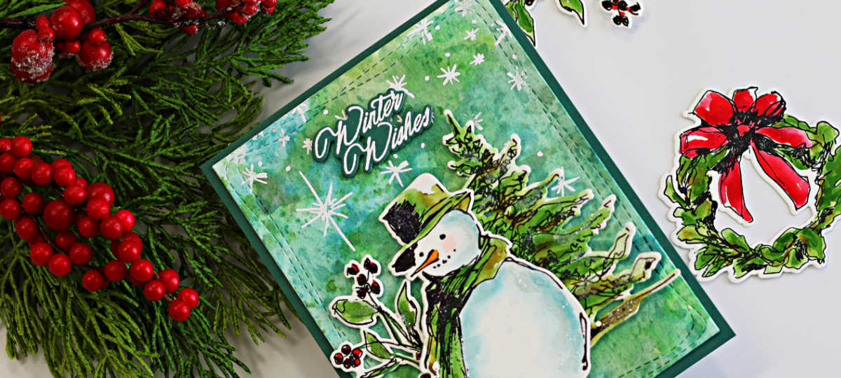 Messy watercolor Christmas card featuring a snowman and evergreen trees on a green and aqua background with white snowflakes and festive greenery.
