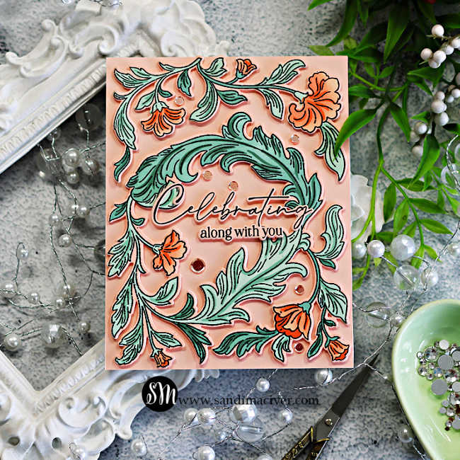 Pinkfresh Studio Grace and Gratitude floral card with soft peach flowers, mint green foliage, layered die cuts, and a “Celebrating along with you” sentiment.