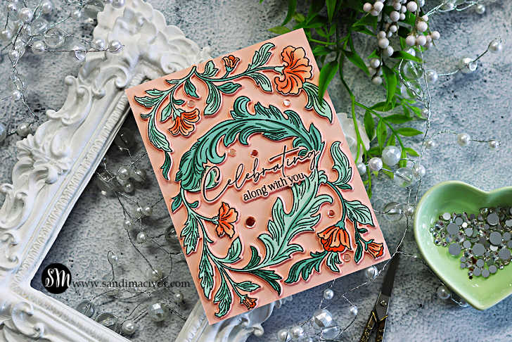 Pinkfresh Studio Grace and Gratitude card featuring peach florals, mint green foliage, a Bellini background, and a “Celebrating along with you” sentiment.