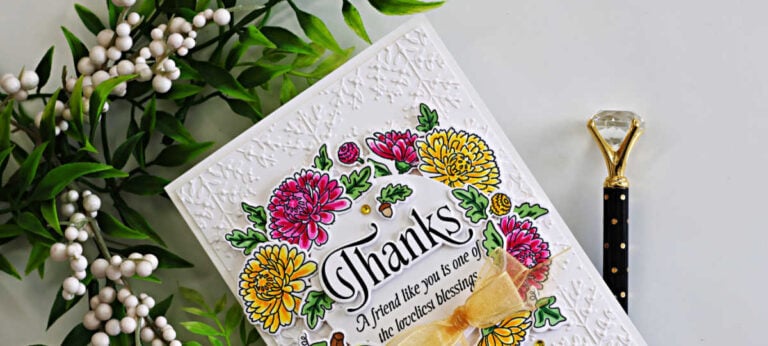 Handmade fall thank-you card featuring colorful mums, greenery, pumpkins, and a large Thanks sentiment, created with the Simon Says Stamp Grateful Moments Bundle.