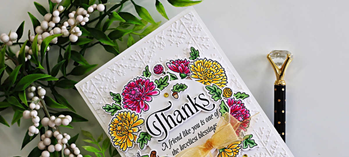 Handmade fall thank-you card featuring colorful mums, greenery, pumpkins, and a large Thanks sentiment, created with the Simon Says Stamp Grateful Moments Bundle.