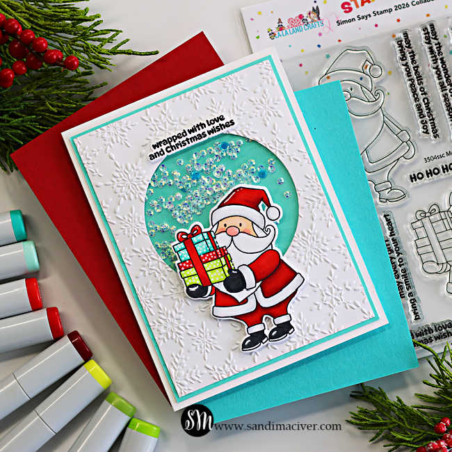 Copic-colored Santa Christmas shaker card with colorful presents, sparkling aqua shaker window, and embossed white snowflake background