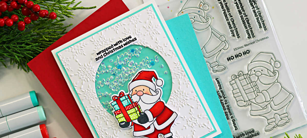 Simon Says Stamp and La-La Land Crafts Santa shaker card featuring a Copic-colored Santa, aqua shaker window, and embossed snowflake background.