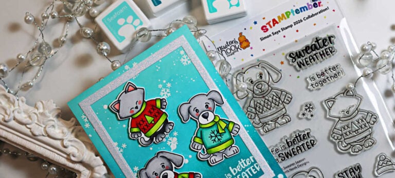 Simon Says Stamp and Newton’s Nook Sweater Season card featuring Copic-colored winter critters in colorful sweaters on a bright aqua snowflake background.
