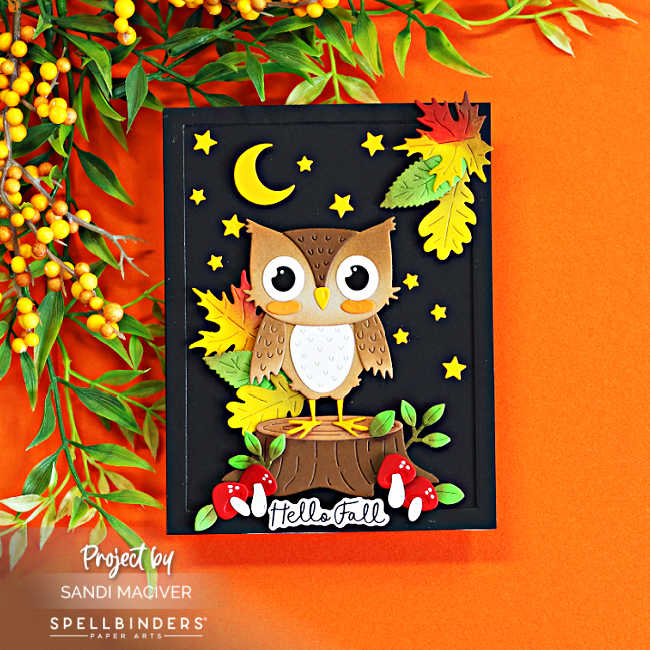 Spellbinders Owl Be There fall owl card featuring colorful autumn leaves, mushrooms, a tree stump, crescent moon and stars on a black background.