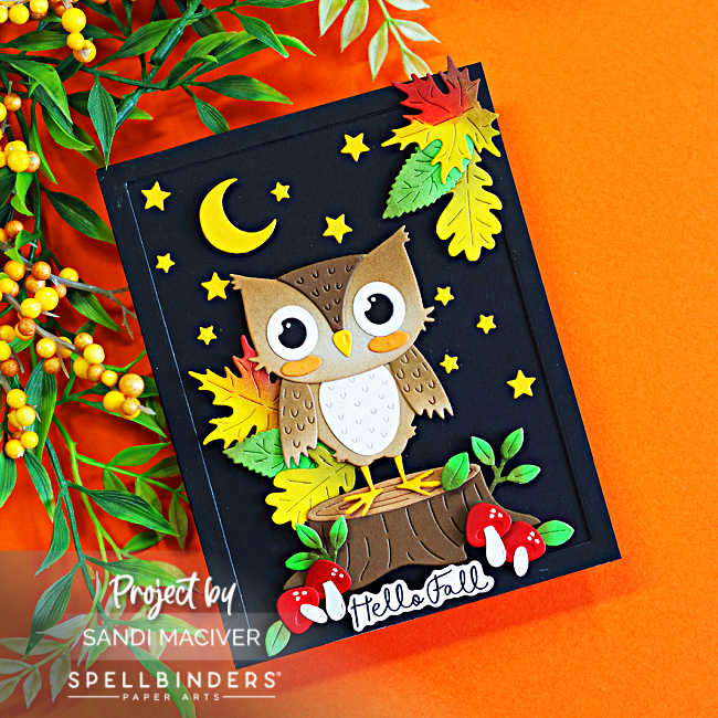 Spellbinders Owl Be There fall owl card featuring colorful autumn leaves, mushrooms, a tree stump, crescent moon and stars on a black background.