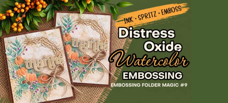 Two fall thank-you cards featuring Distress Oxide watercolor embossing with pumpkins, foliage, berries, and gold accents, for Embossing Folder Magic #9.