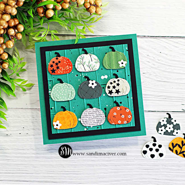 Die cut Thanksgiving card featuring nine patterned pumpkins in orange, green, white, and charcoal on a teal embossed wooden plank background, with black matting and a hidden “thankful for you” sentiment on the bottom center pumpkin.