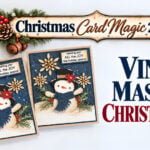 Two vintage masculine Christmas cards featuring die-cut snowmen in black top hats and navy scarves, embossed navy backgrounds, cream snowflakes, and evergreen accents. Text reads “Christmas Card Magic 2026 #1” and “Vintage Masculine Christmas Cards.”