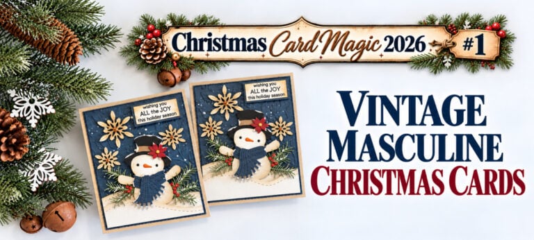 Two vintage masculine Christmas cards featuring die-cut snowmen in black top hats and navy scarves, embossed navy backgrounds, cream snowflakes, and evergreen accents. Text reads “Christmas Card Magic 2026 #1” and “Vintage Masculine Christmas Cards.”