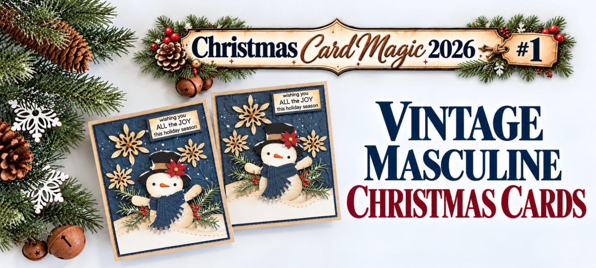 Two vintage masculine Christmas cards featuring die-cut snowmen in black top hats and navy scarves, embossed navy backgrounds, cream snowflakes, and evergreen accents. Text reads “Christmas Card Magic 2026 #1” and “Vintage Masculine Christmas Cards.”