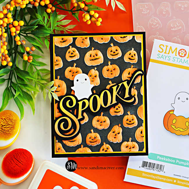 Spooky Jack O’ Lanterns Halloween card featuring orange pumpkins on a black embossed background with a layered Spooky sentiment and white ghost.