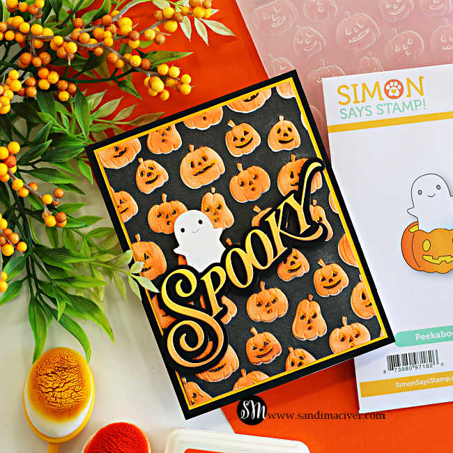Spooky Jack O’ Lanterns Halloween card with orange stenciled pumpkins on a black embossed background, layered Spooky sentiment, and white ghost die-cut.